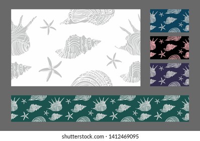 Seamless pattern with seashells. Different backgrounds.
Printing on fabric.
