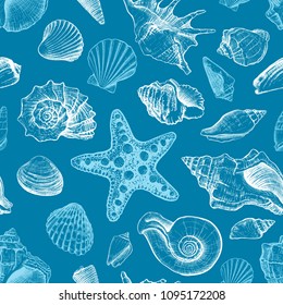 Seamless pattern with seashells different shapes and starfish on a dark blue background. Hand drawn sketch. Vector illustration