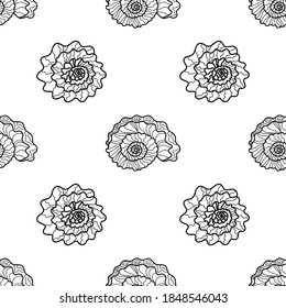 Seamless pattern with seashells. Drawn vector graphic illustration on a white background. Monochrome line pattern for textile, background, ornaments