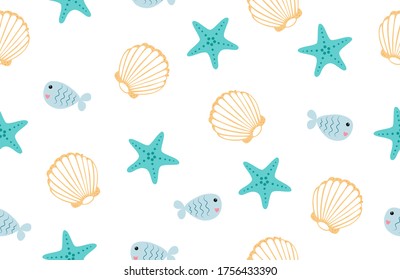 Seamless pattern with seashells and fish stock vector illustration