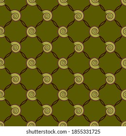 Seamless pattern with seashells. Geometric background in green. Interlocking lines.