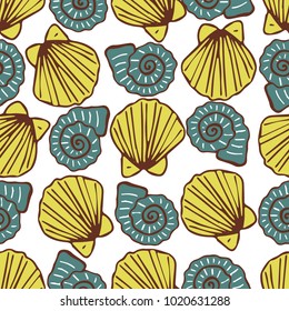 Seamless pattern with seashells. Hand drawn vector illustration, summer hand drawn colorful background.