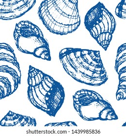 Seamless pattern with seashells. Hand drawn vector illustration in sketch style. Background for greetings, invitations, wrapping paper, textile and web design.