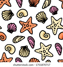 Seamless pattern with  seashells. Hand drawn vector illustration. Summer background. Trendy texture for print, textile, wallpaper.