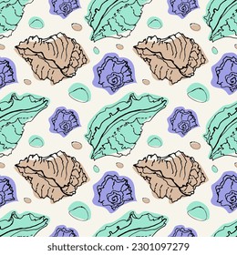 seamless pattern with seashells. Hand drawn. Realistic. Line and spot. For textiles, wrapping paper, scrubbing