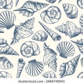 Seamless pattern with seashells. Hand drawn repeating template with sketches of sea creatures and shells of different shapes. Design element for printing. Line art vector illustration