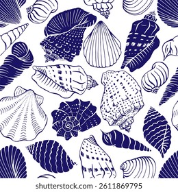 Seamless pattern with seashells. Hand drawn vector illustration.