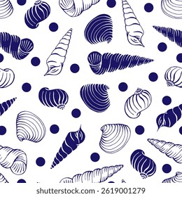 Padrão sem emenda com conchas. Ilustração de vetor desenhada à mão.