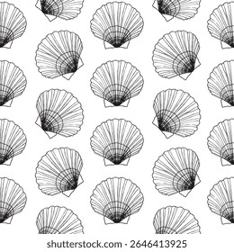 Padrão sem emenda de conchas. Ilustração desenhada à mão do fundo da Shell do mar. Oceano Cockleshell submarino submarino. Desenho de linha de vieira. Para decoração de impressão, embrulho de tecido. Fundo do mar Abstrato