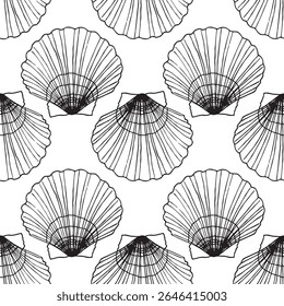 Padrão sem emenda de conchas. Ilustração desenhada à mão do fundo da Shell do mar. Oceano Cockleshell submarino submarino. Desenho de linha de vieira. Fundo do mar Abstrato. Para decoração de impressão, envoltório de tecido