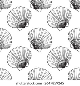 Seamless pattern of Seashells. Hand drawn illustration of sea Shell background. Ocean Cockleshell marine underwater. Sea bottom Abstract. Line drawing of Scallop. For print decoration, fabric wrapping