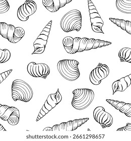 Seamless pattern with seashells. Hand drawn vector illustration.