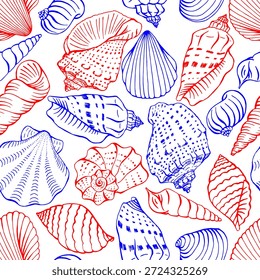 Patrón sin fisuras con conchas marinas. Ilustración vectorial dibujada a mano.