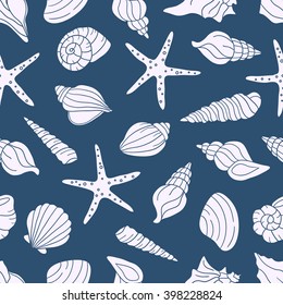 Seamless pattern with seashells, hand drawn icons set. Colorful background vector. Marine illustration with shells icon collection. Decorative wallpaper, good for printing