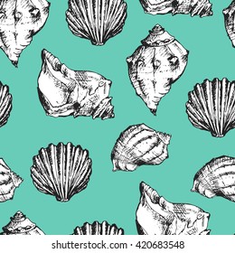 Seamless pattern with seashells. Hand drawn. Vector illustration