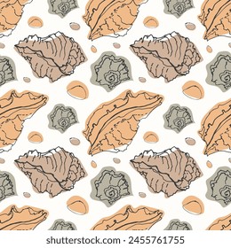 seamless pattern with seashells. Hand-drawn. Line and spot. Beige. For textiles, wrapping paper, scrubbing