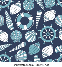 Seamless pattern with seashells, life buoys and marine steering wheels, hand drawn icons. Colorful background vector with shells icon collection. Decorative wallpaper, good for printing