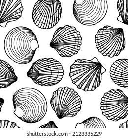 Seamless pattern with seashells. Marine background.  Hand drawn vector illustration in sketch style.