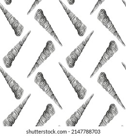 Seamless pattern of seashells. Marine background. Hand drawn vector illustration in black and white colors. For invitations, cards, posters, print, banners, textile, wallpaper and bed linen