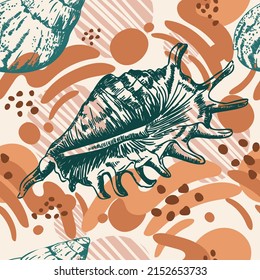 Seamless pattern of seashells. Marine background. Hand drawn vector illustration. For invitations and cards, posters, print, banners, advertising, textile and bed linen, wallpaper