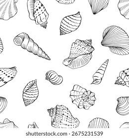 Patrón sin fisuras con conchas marinas. Fondo marino. Ilustración vectorial dibujada a mano.