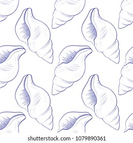 Seamless pattern of seashells. Marine, underwater background. Hand drawn vector illustrations
