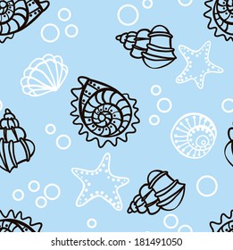 Seamless pattern with seashells on blue background. Vector illustration