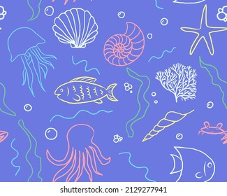 Seamless Pattern With Seashells On Blue Background doodle style pattern. vector