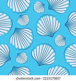 Seamless pattern of seashells on a blue background.