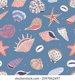 Seamless pattern with seashells on a blue background. Vector summer sea illustration background. Flat illustration.