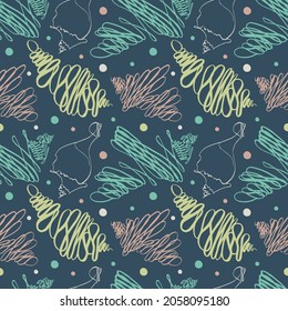 Patrón sin foco con conchas en el fondo oscuro. Ilustración vectorial.Ilustración para cosméticos, productos de salud, papel envolvente, postales, impresiones para ropa.