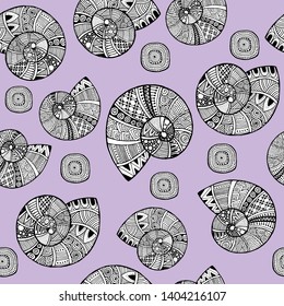 Seamless pattern with seashells on a lavender background. Vector.