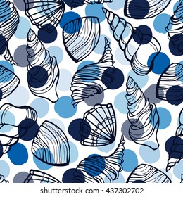 Seamless pattern with seashells on a polka dot background.