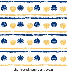 Seamless pattern of seashells on a striped background.