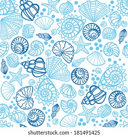 Seamless pattern with seashells on white background. Vector illustration