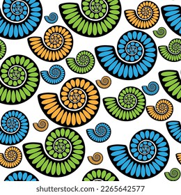 Seamless pattern with seashells on a white background. Ammonites vector illustration with color pattern suitable for invitations, greeting cards, posters, prints, banners, flyers, tikstyl.