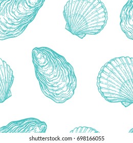 Seamless pattern with seashells. Oysters and scallops. Hand drawn vector illustration.