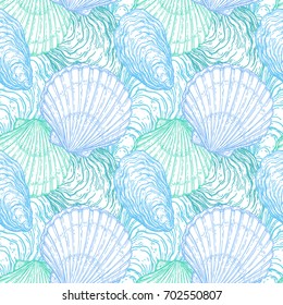 Seamless pattern with seashells. Oysters and scallops. Hand drawn vector illustration.
