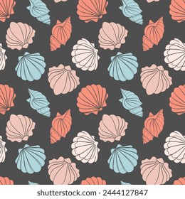 Seamless pattern from seashells. Seashells in pastel colors on a gray background. Vector