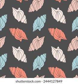 Seamless pattern from seashells. Seashells in pastel colors on a gray background. Vector