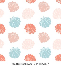 Seamless pattern from seashells. Seashells in pastel colors on a white background. Vector