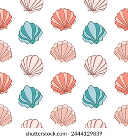 Seamless pattern from seashells. Seashells in pastel colors on a white background. Vector
