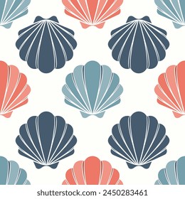 Seamless pattern of seashells. Seashells in pastel colors on a white background. Vector