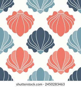 Seamless pattern of seashells. Seashells in pastel colors on a white background. Vector