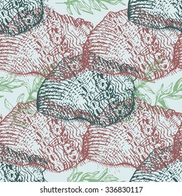 Seamless pattern of seashells and plants
