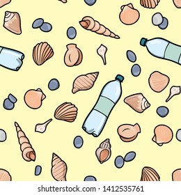 Seamless pattern of seashells and plastic bottles with separate background. Can be used as background for eco flyers and posters.