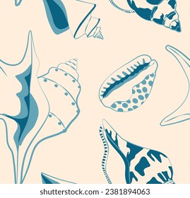 Seamless pattern with seashells. Repeating design element for printing on fabric. Textile and cotton. Nautical wild life and fauna. Graphic element for website. Cartoon flat vector illustration