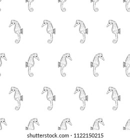 Seamless pattern with seashells and sea horses. Marine background. Vector illustration in sketch style. Perfect for greetings, invitations, wrapping paper, textile, wedding and web design.