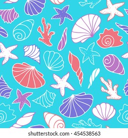 Seamless pattern of seashells. Sea, ocean and river shells, starfish and coral on a cyan background. Vector image drawn by hand in cartoon style.