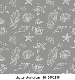 Seamless pattern with seashells, seahorse, sea pearl and starfish. Drawn vector graphic illustration on a grey background. Monochrome line pattern for textile, background, ornaments